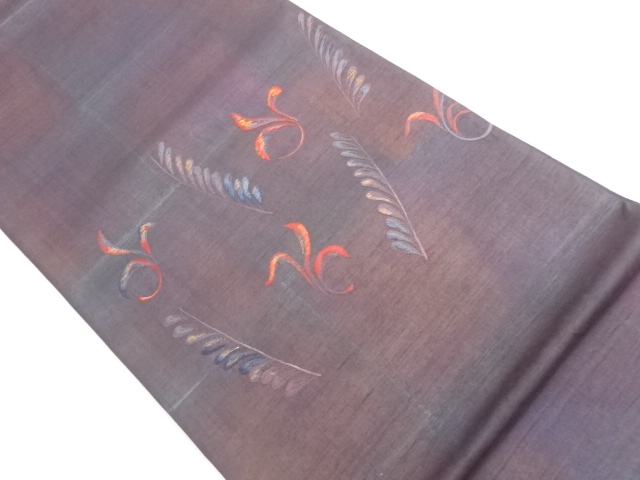 手織り紬抽象花葉模様刺繍袋帯